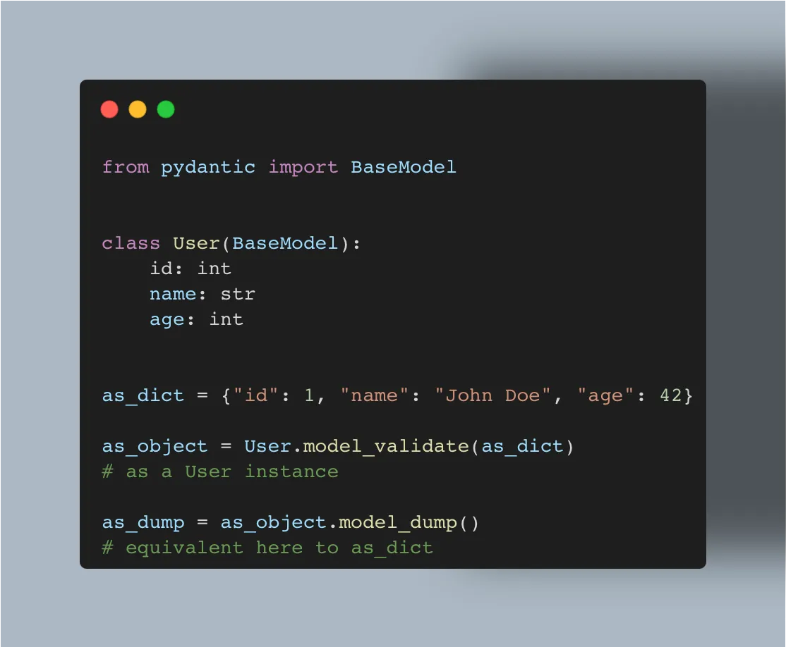 Illustration by the author. Using pydantic you can easily convert from and to a dict or a json format.