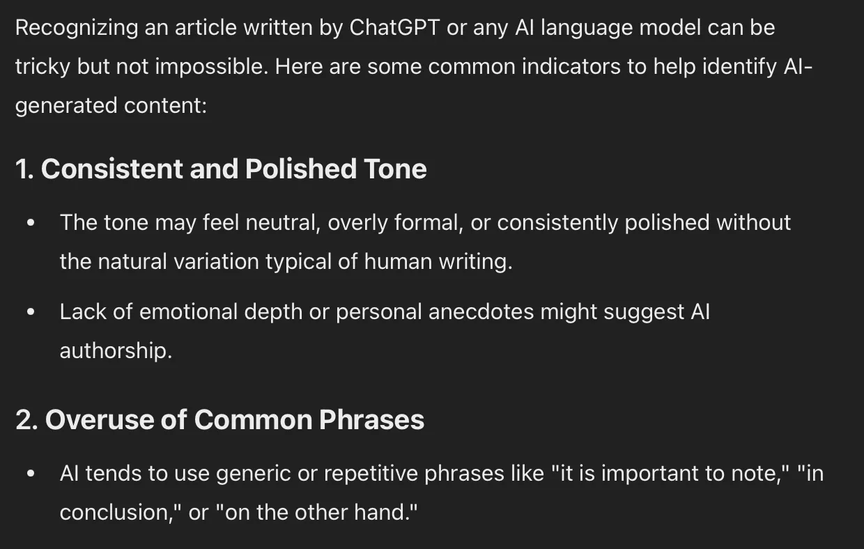 Screenshot of the start of the answer to "how to recognize an article written by chatgpt?"