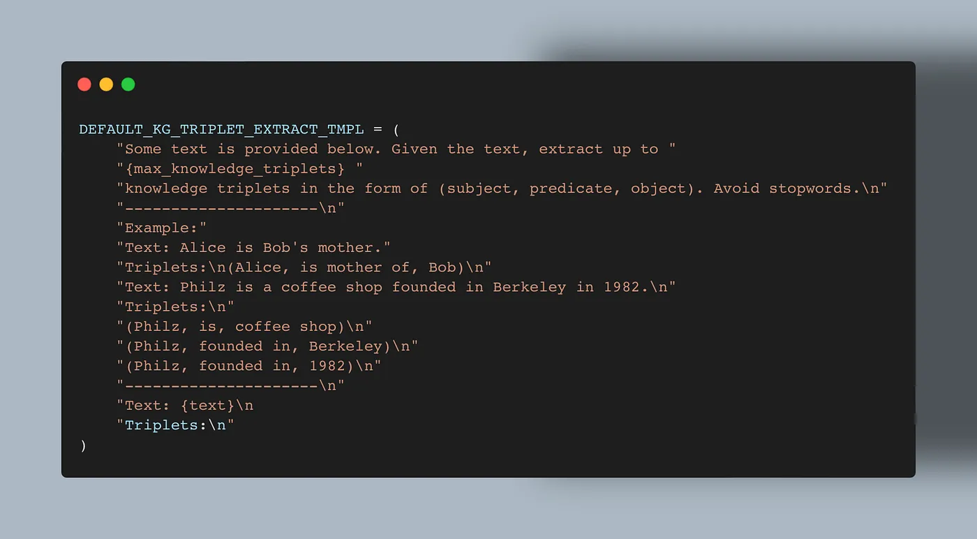 Extract of llamaindex source code: the prompt to extract triplets.