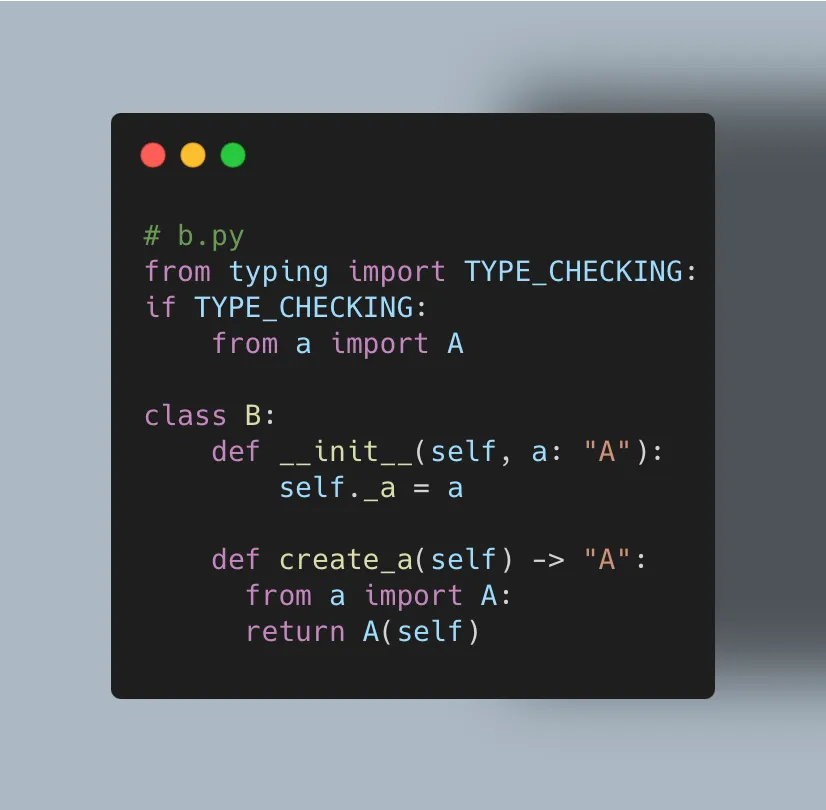 Illustration by the author. The "real" import of module a is only done inside the create_a method