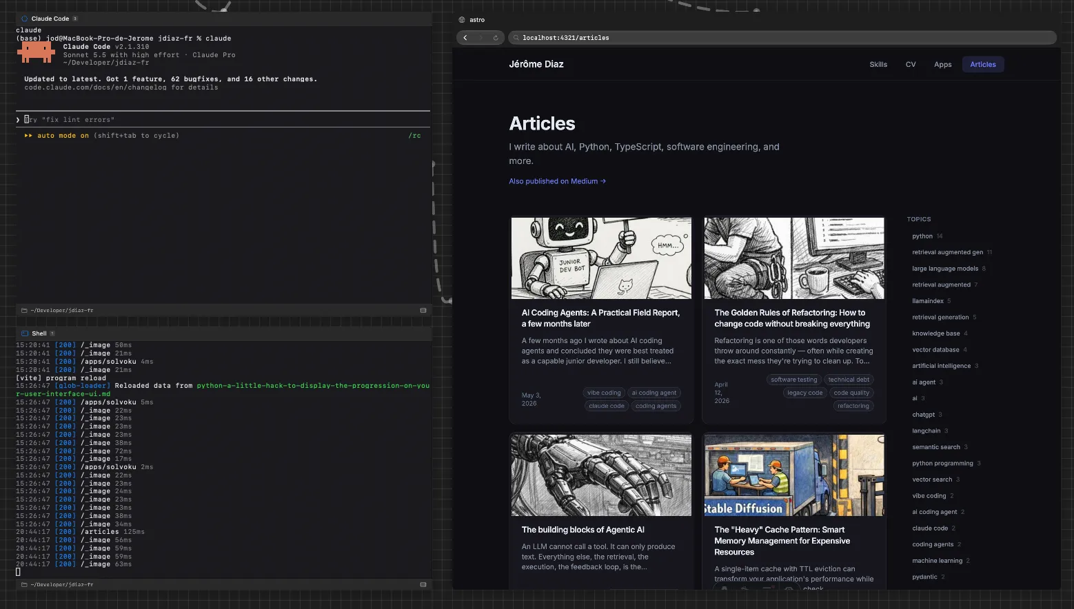 Maestri canvas: the browser portal (here showing the jdiaz.fr site as a stand-in) wired to the Claude Code agent, the dev-server terminal beside it, the connection wires visible on the canvas. Screenshot by the author.